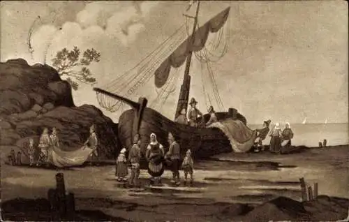 Ak Mühlburg Karlsruhe in Baden, Segelschiff am Ufer, Menschen stehen davor und daneben.