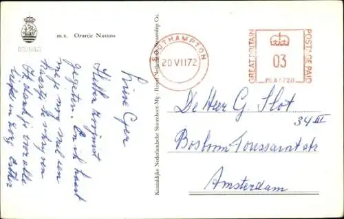 Ak Schiff Oranje Nassau, Passagierschiff