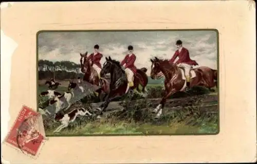 Präge Passepartout Ak Jagdszene, Reiter, Hunde