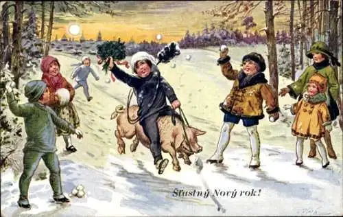 Künstler Ak Glückwunsch Neujahr, Kinder, Schwein, Schneeballschlacht
