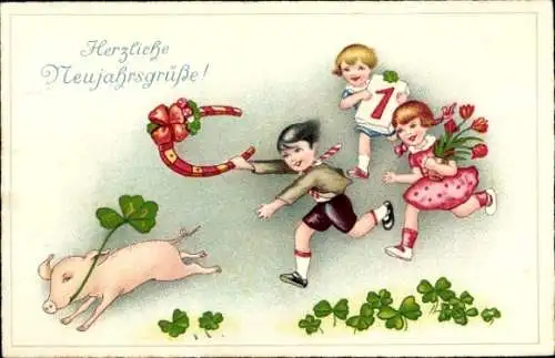 Präge Ak Glückwunsch Neujahr, Kleeblatt, Kinder, Schwein