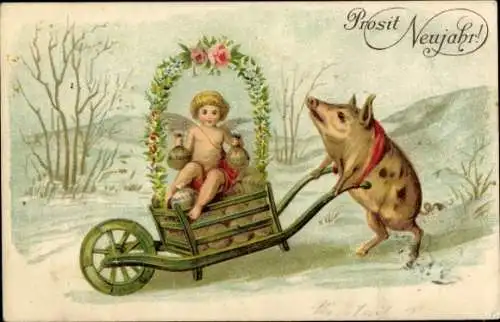 Litho Glückwunsch Neujahr, Schwein, Schubkarre, Engel, Geldsack