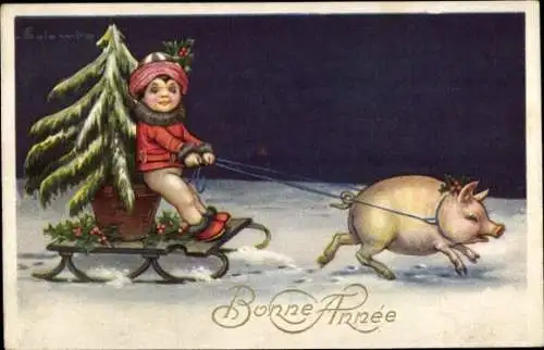 Ak Glückwunsch Neujahr, Schwein, Kind, Stechpalme, Schlitten