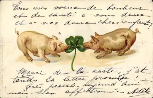 Litho Schweine kämpfen um ein Kleeblatt, Glücksklee