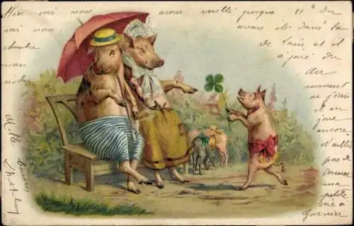 Litho Schweine-Familie, Eltern, Sonnenschirm, Pfeife, Glücksklee