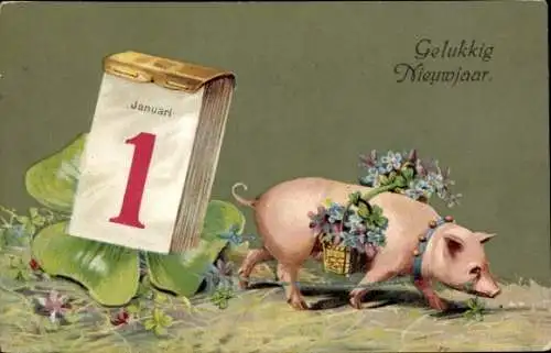 Präge Ak Glückwunsch Neujahr, Schwein, Kalender, Glücksklee