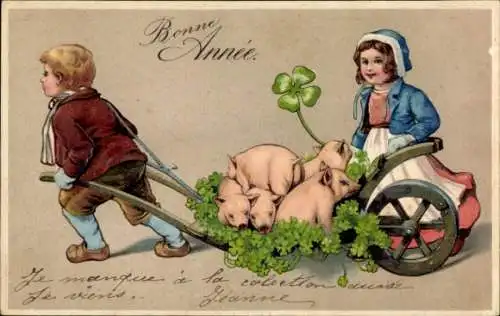 Präge Ak Glückwunsch Neujahr, Kinder, Schubkarre, Glücksklee, Schweine