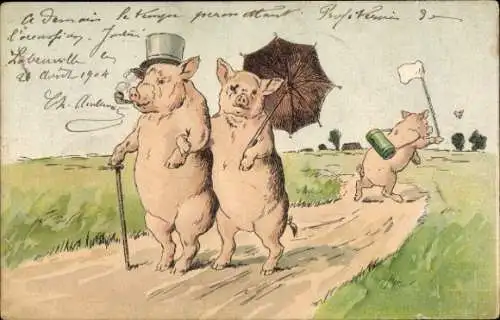 Litho Vermenschlichte Schweine, Spaziergang, Pfeife, Sonnenschirm