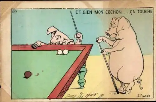 Künstler Ak Cadet, J., Schweine spielen Billard