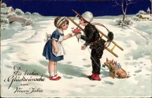 Ak Glückwunsch Neujahr, Mädchen, Schornsteinfeger, Schweine, EAS 1102
