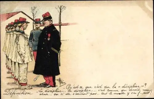 Künstler Litho Französische Soldaten in Uniformen, Appell, Heerführer