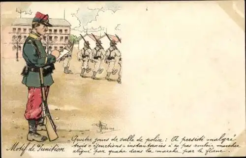 Künstler Litho Französischer Soldat schreibt Notizen auf, marschierende Rekruten