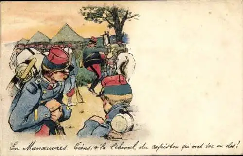 Künstler Litho Französische Soldaten, Heerführer besteigt ein Pferd