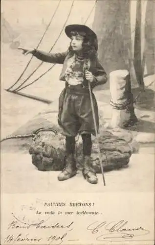 Ak Kind in bretonischer Tracht, Porträt, Hut, Gehstock