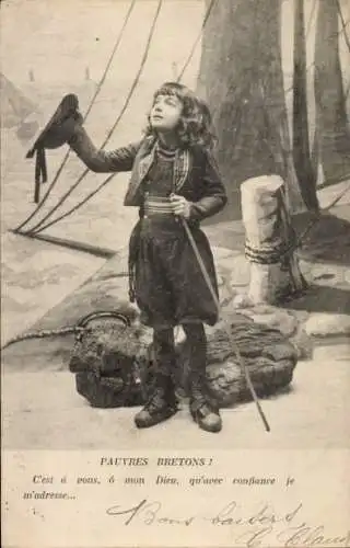 Ak Junge in bretonischer Tracht, Gehstock, Hut