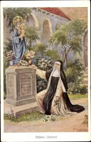 Ak Kevelaer am Niederrhein, Eine Nonne kniet vor einer Marienstatue.