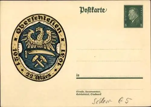 Ganzsachen Ak Oberschlesien, 22 März, 1921 bis 1931, Wappen, 8 Pfennig