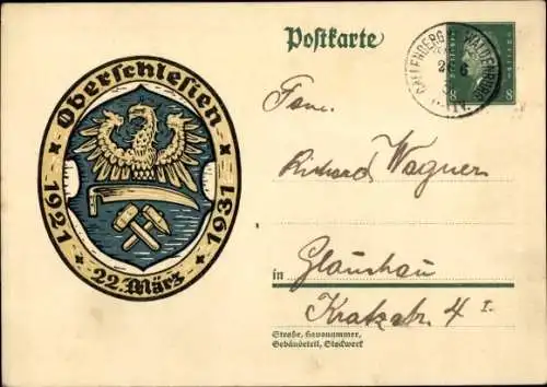 Ganzsachen Ak Oberschlesien, 22 März, 1921 bis 1931, Wappen, 8 Pfennig