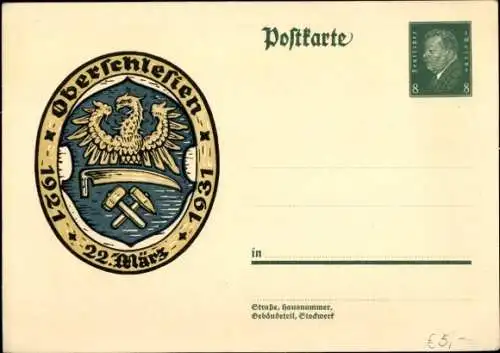 Ganzsachen Ak Oberschlesien, 22 März, 1921 bis 1931, Wappen, 8 Pfennig
