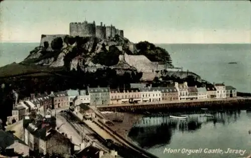 Ak Gorey Kanalinsel Jersey, Mont Orgueil Castle, Mont Orgueil Castle,  Hafenansicht, Wohnhäuser
