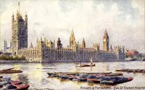Künstler Ak London City, Houses of Parliament from St. Thomas' Hospital