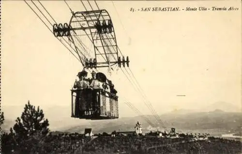 Ak Donostia San Sebastian Baskenland, Seilbahn auf Monte Ulia, Personen in der Gondel, Landsch...