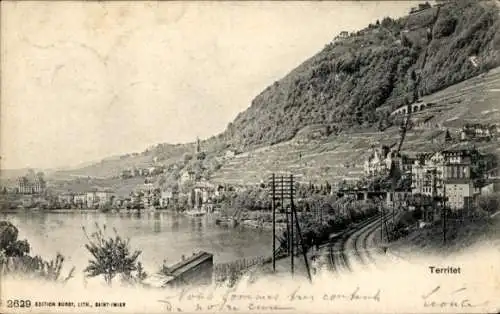 Ak Territet Montreux Kt. Waadt, Aussicht auf  Flusslandschaft, Weinberge, Bahngleise
