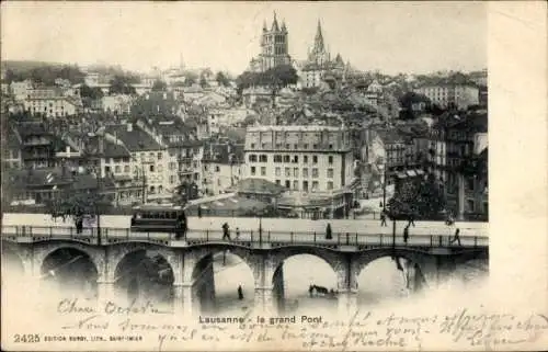Ak Lausanne Kanton Waadt, Panorama von  großer Pont, Häuser, Straßenszene