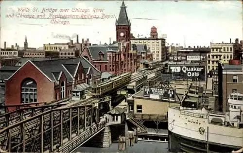 PC Chicago Illinois USA, Wells St. Bridge, Chicago River and Chicago and Northwestern Railway Depot