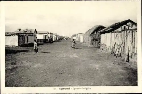 Ak Djibouti Dschibuti, Weg im indigenen Viertel, Hütten, sandiger Boden