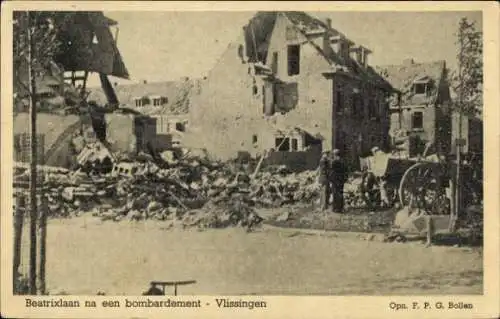 Ak Vlissingen Zeeland Niederlande, Zerstörte Gebäude, Trümmer, Person, Pferdewagen