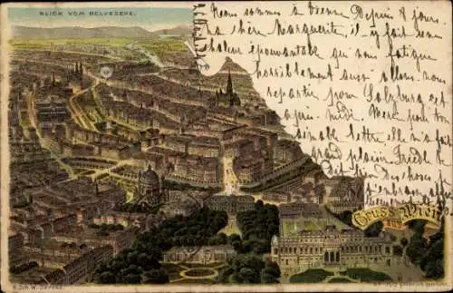 Litho Wien 3 Landstraße, Schloss Belvedere, Blick auf die Stadt