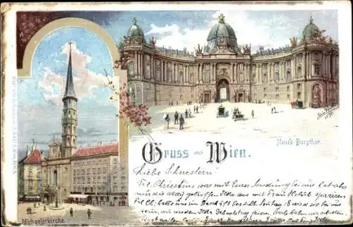 Litho Wien 1 Innere Stadt, Michaelerkirche, Neues Burgtor