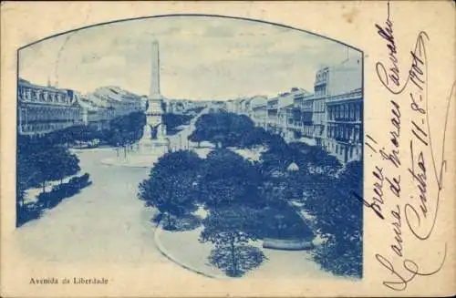 Ak Lisboa Lissabon Portugal, Avenida da Liberdade, Obelisk, Park, Bäume, Gebäude