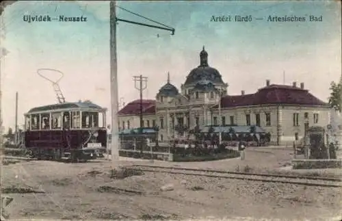 Ak Novi Sad Újvidék Neusatz Serbien, Artesisches Bad, Strassenbahn