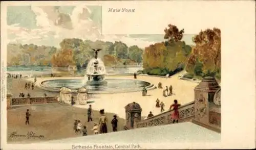 Ak New York City USA, Bethesda Fountain, Central Park, Menschen, Brunnen, Parklandschaft