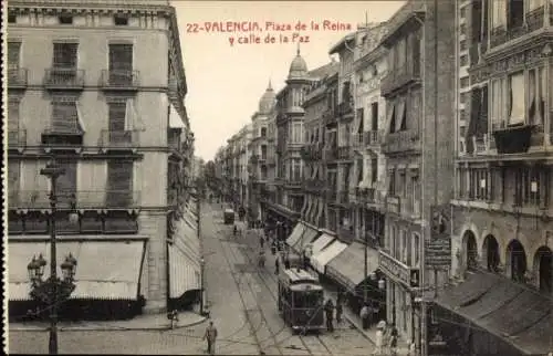 Ak Valencia Stadt Spanien, 22-VALENCIA, Plaza de la Reina, calle de la Paz, Straßenansicht