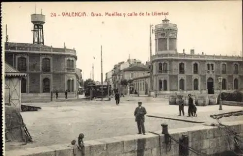 Ak Valencia Stadt Spanien, 24-VALENCIA, Grao, Muelles y calle de la Libertad, historische Arch...