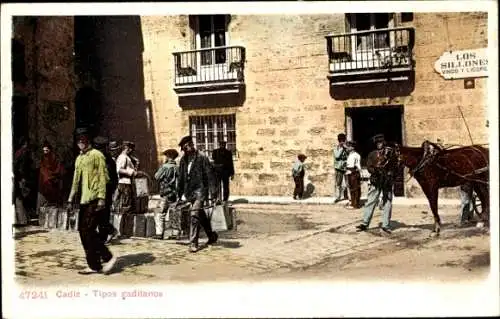 Ak Cádiz Andalusien, Menschen auf der Straße, Pferd, historische Gebäude