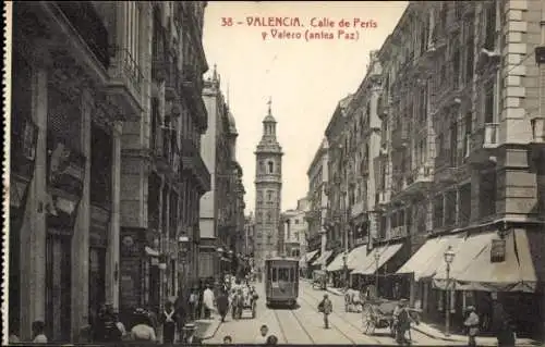 Ak Valencia Stadt Spanien, Calle de Peris, Valero, historische Stadtansicht, Straßenbahn