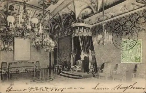 Ak Monaco, PALAIS DE MONACO, Salle du Trône, prächtige Innenausstattung, Kronleuchter