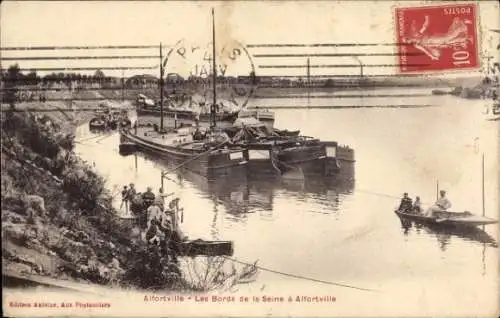 Ak Alfortville Val de Marne, Bilder von Booten, Menschen am Ufer, Seine