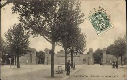 Ak Pantin Seine Saint Denis, Cimetière, Eingang, Bäume, Straße, Stadtansicht