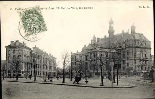 Ak Pantin Seine Saint Denis, 2.  de la Gare, l'Hôtel de Ville, les Ecoles, E. L. D.