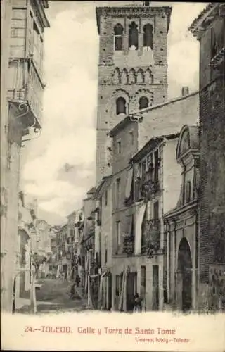 Ak Toledo Kastilien La Mancha Spanien, Calle y Torre de Santo Tomé,  Gebäude, enge Gasse