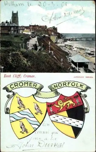Ak Cromer Norfolk England, East Cliff,  Norfolk, Wappen, J. Dumas, schöne Karte