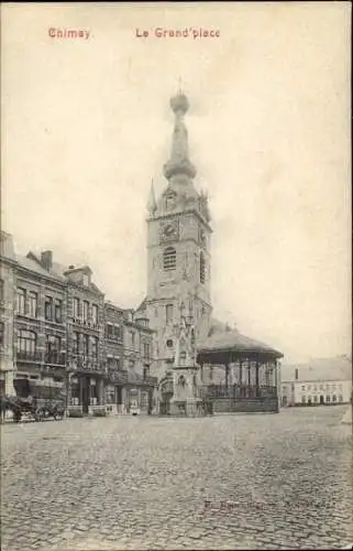 Ak Chimay Wallonien Hennegau, Historischer Marktplatz, Rathaus mit Uhrturm, alte Gebäude, Kopfste