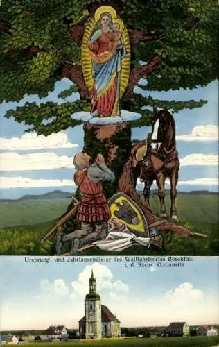 Ak Ralbitz Rosenthal Oberlausitz, Gnadenbild Maria mit Kind, betender Ritter, Wallfahrtskirche
