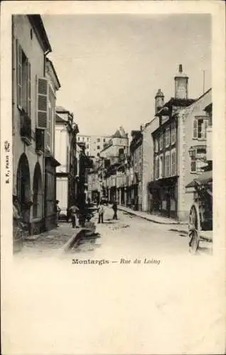 Ak Montargis Loiret, Straße Rue du Loing, alte Gebäude, Menschen, Wagen