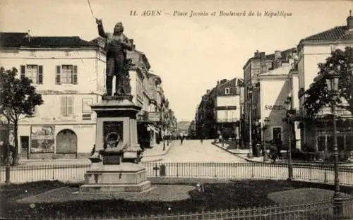 Ak Agen Lot et Garonne, Platz Jasmin, Boulevard de la République, Statue, Straße